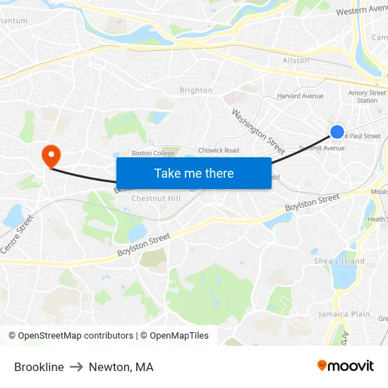 Brookline to Newton, MA map