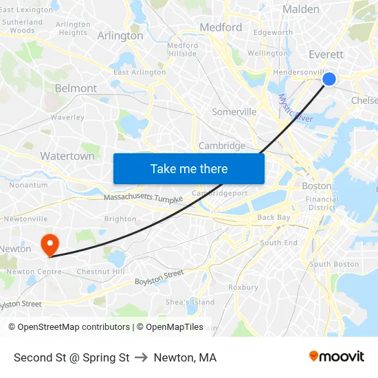 Second St @ Spring St to Newton, MA map