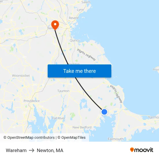 Wareham to Newton, MA map