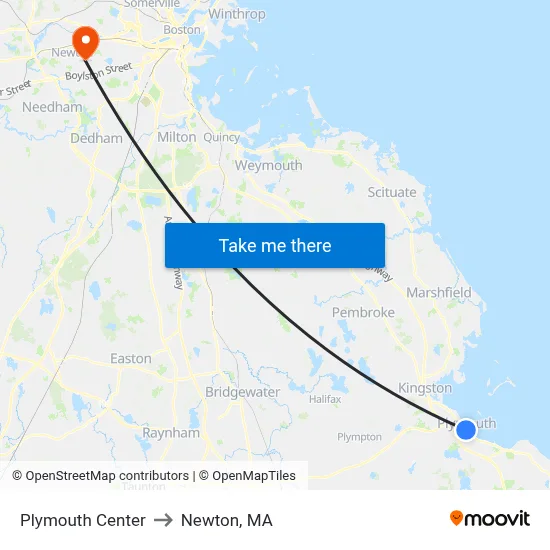 Plymouth Center to Newton, MA map