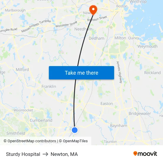 Sturdy Hospital to Newton, MA map