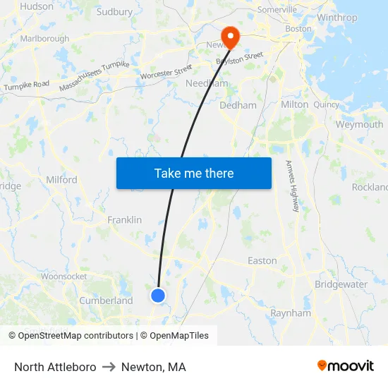 North Attleboro to Newton, MA map