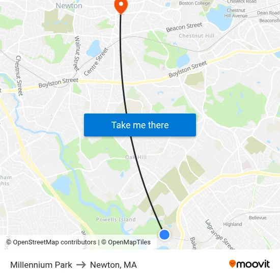 Millennium Park to Newton, MA map