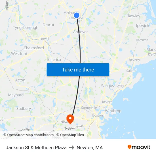 Jackson St & Methuen Plaza to Newton, MA map