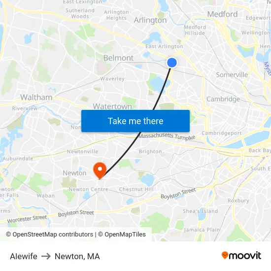 Alewife to Newton, MA map
