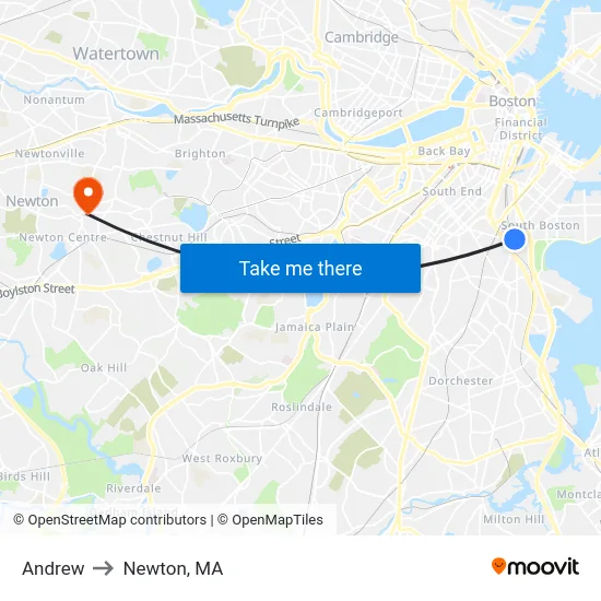 Andrew to Newton, MA map