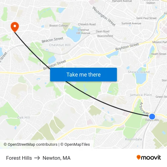 Forest Hills to Newton, MA map