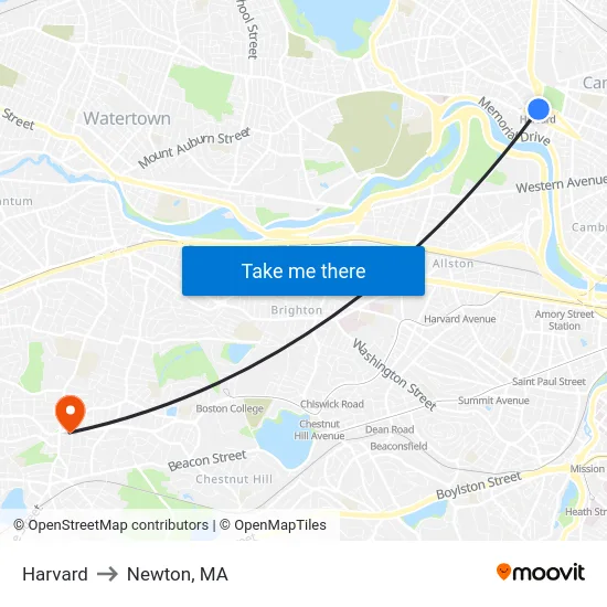 Harvard to Newton, MA map