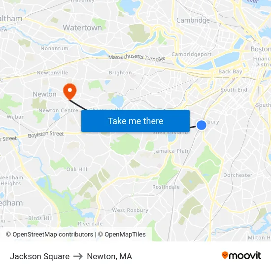 Jackson Square to Newton, MA map