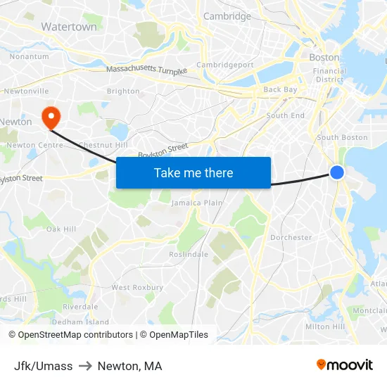 Jfk/Umass to Newton, MA map