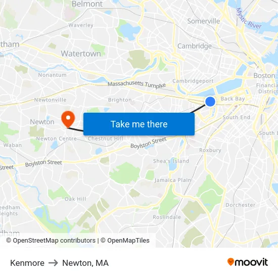 Kenmore to Newton, MA map