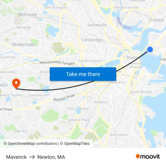 Maverick to Newton, MA map