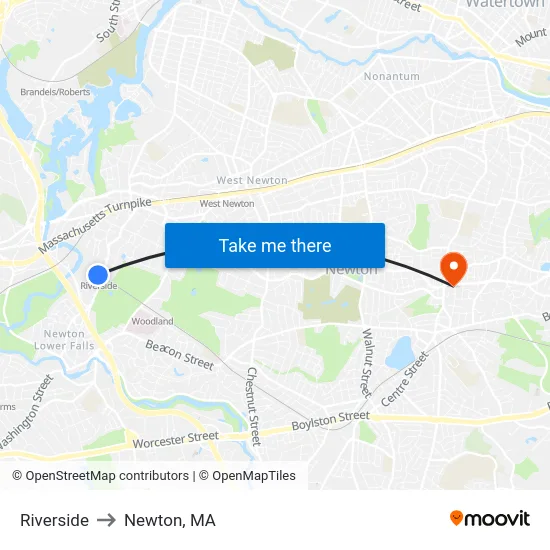 Riverside to Newton, MA map
