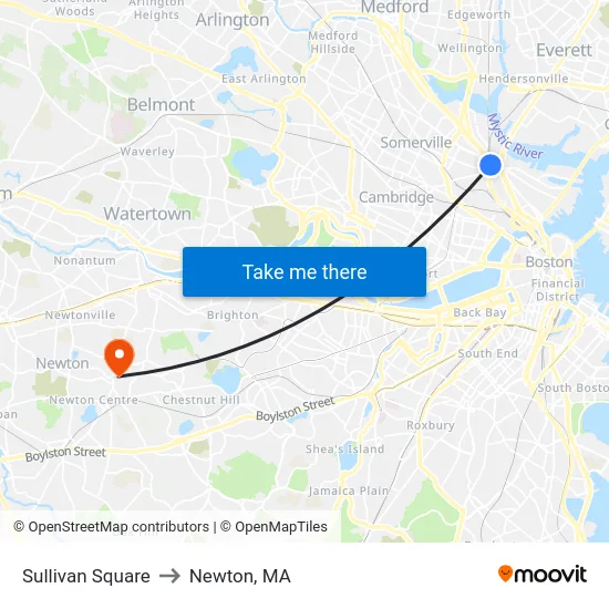 Sullivan Square to Newton, MA map