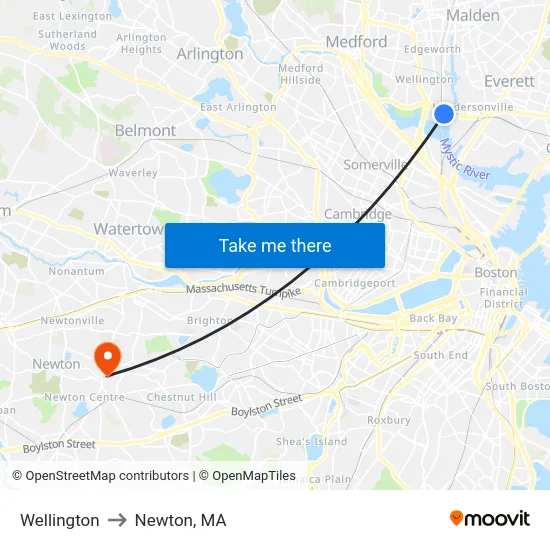 Wellington to Newton, MA map