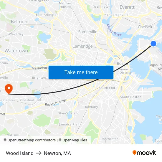 Wood Island to Newton, MA map