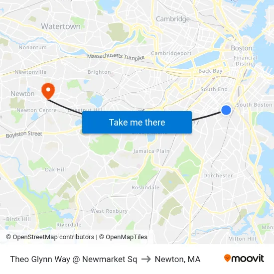 Theo Glynn Way @ Newmarket Sq to Newton, MA map