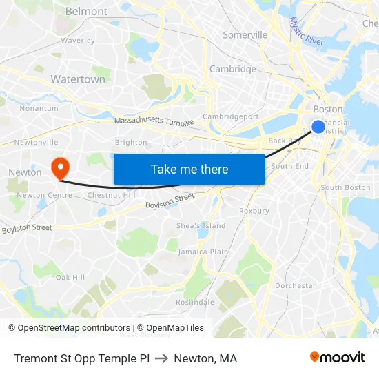 Tremont St Opp Temple Pl to Newton, MA map