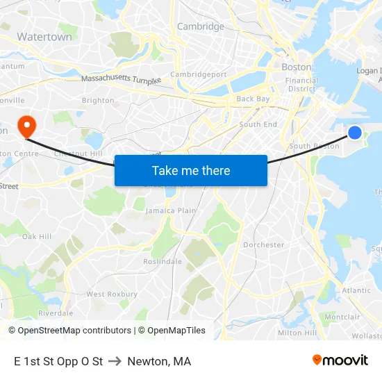 E 1st St Opp O St to Newton, MA map