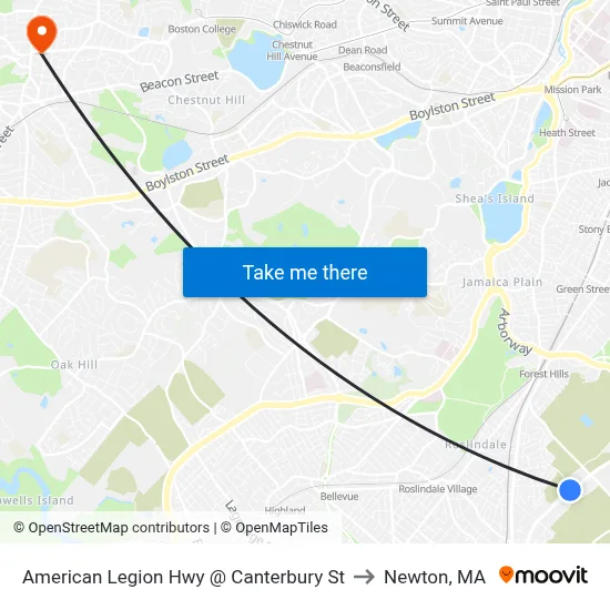 American Legion Hwy @ Canterbury St to Newton, MA map