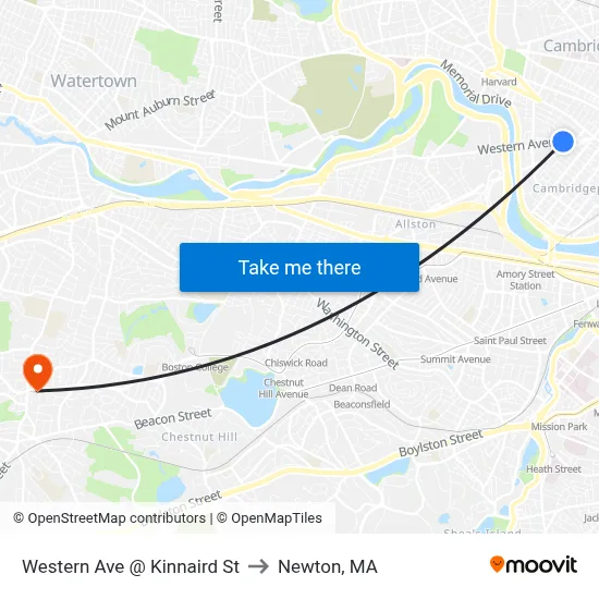 Western Ave @ Kinnaird St to Newton, MA map