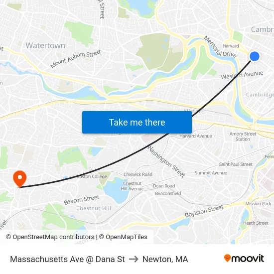 Massachusetts Ave @ Dana St to Newton, MA map