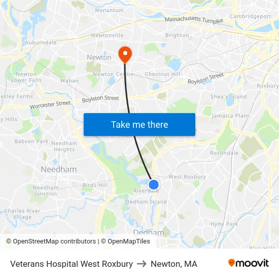 Veterans Hospital West Roxbury to Newton, MA map