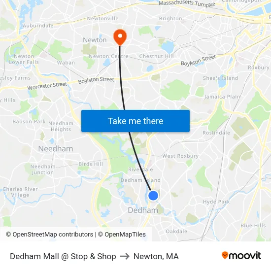 Dedham Mall @ Stop & Shop to Newton, MA map