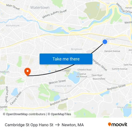 Cambridge St Opp Hano St to Newton, MA map