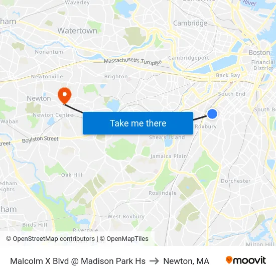 Malcolm X Blvd @ Madison Park Hs to Newton, MA map