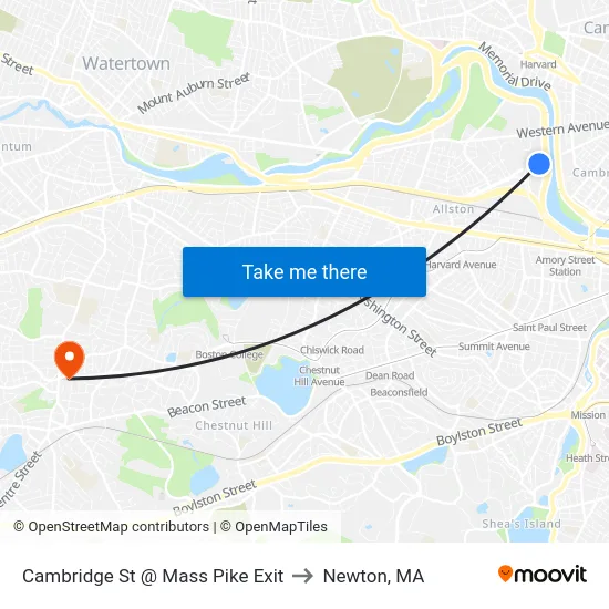 Cambridge St @ Mass Pike Exit to Newton, MA map
