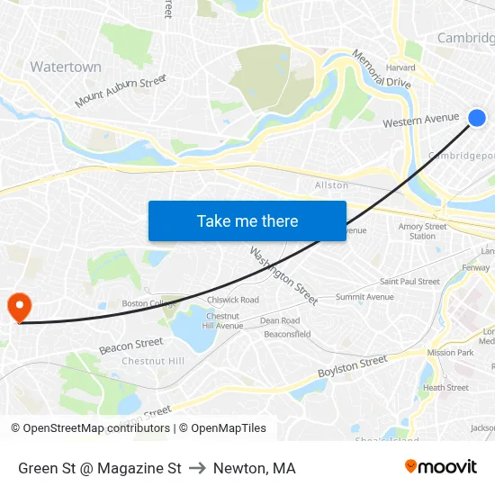 Green St @ Magazine St to Newton, MA map