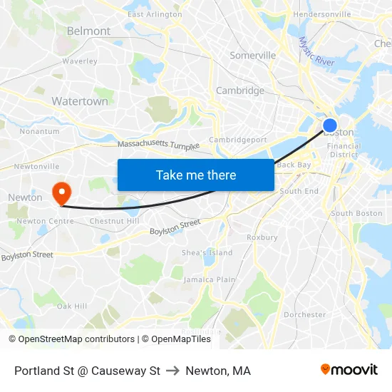 Portland St @ Causeway St to Newton, MA map