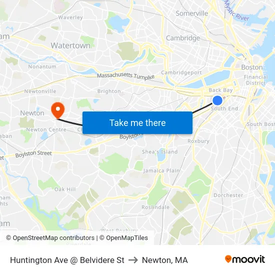 Huntington Ave @ Belvidere St to Newton, MA map