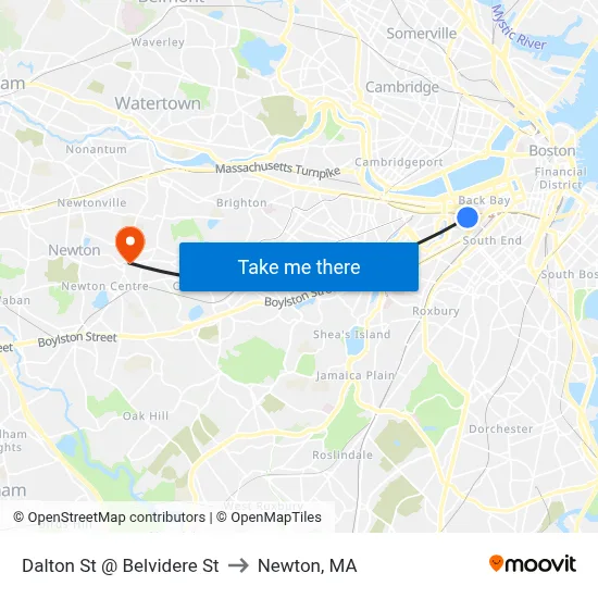 Dalton St @ Belvidere St to Newton, MA map