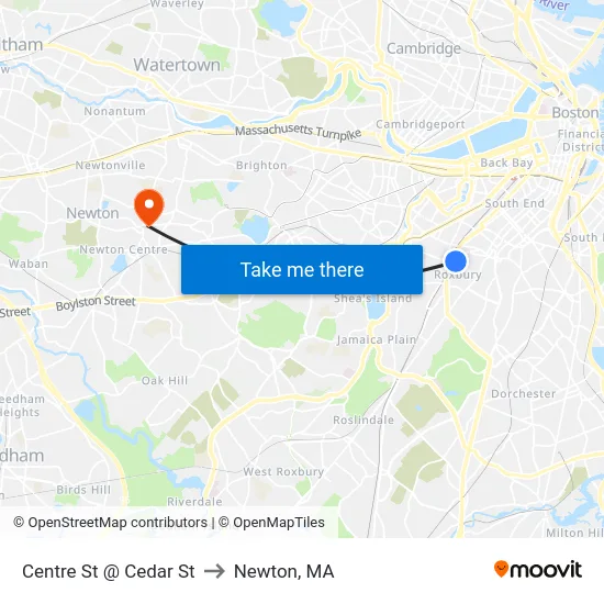 Centre St @ Cedar St to Newton, MA map