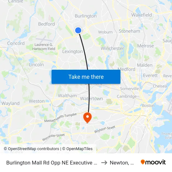 Burlington Mall Rd Opp NE Executive Pk to Newton, MA map