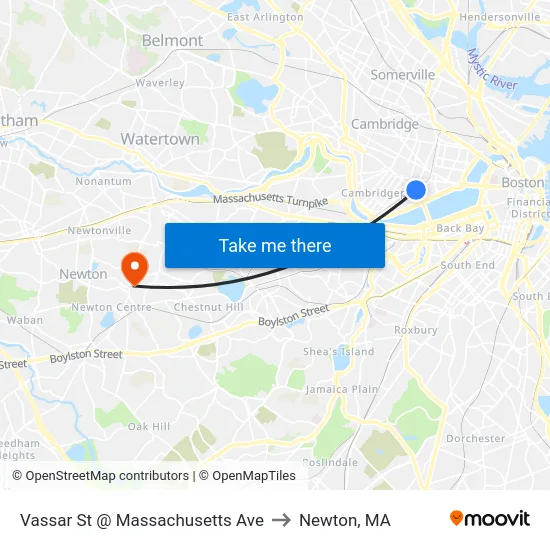 Vassar St @ Massachusetts Ave to Newton, MA map