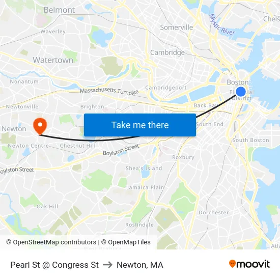 Pearl St @ Congress St to Newton, MA map