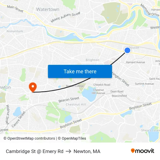 Cambridge St @ Emery Rd to Newton, MA map