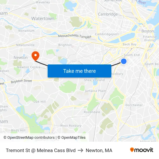 Tremont St @ Melnea Cass Blvd to Newton, MA map
