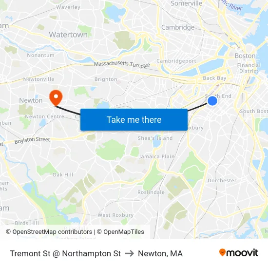 Tremont St @ Northampton St to Newton, MA map