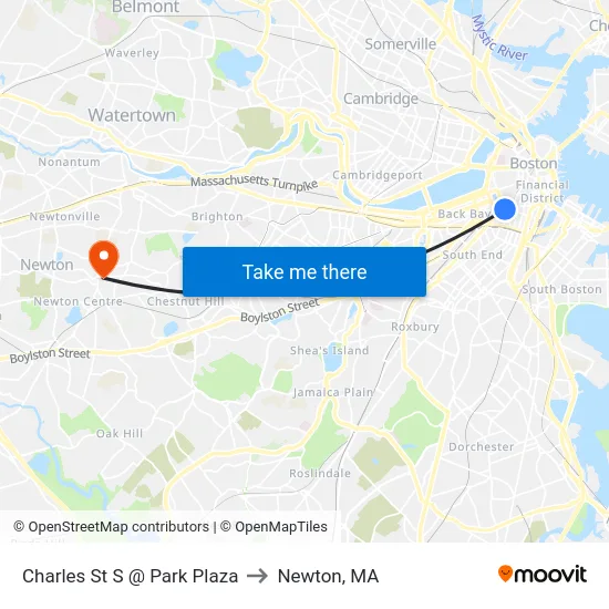 Charles St S @ Park Plaza to Newton, MA map