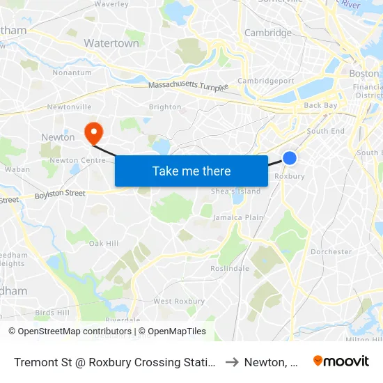 Tremont St @ Roxbury Crossing Station to Newton, MA map