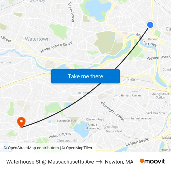 Waterhouse St @ Massachusetts Ave to Newton, MA map