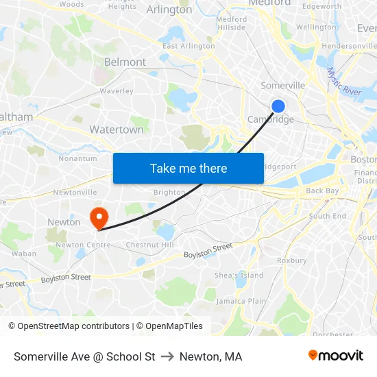Somerville Ave @ School St to Newton, MA map