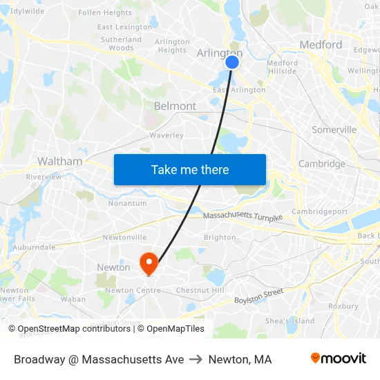 Broadway @ Massachusetts Ave to Newton, MA map