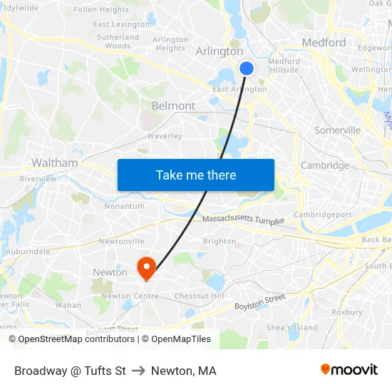 Broadway @ Tufts St to Newton, MA map