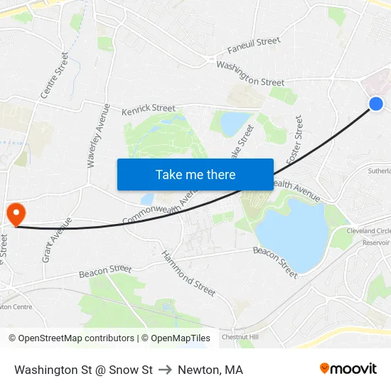 Washington St @ Snow St to Newton, MA map