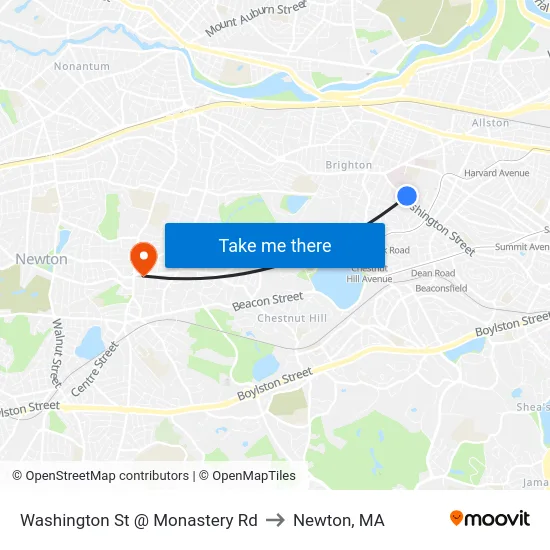 Washington St @ Monastery Rd to Newton, MA map
